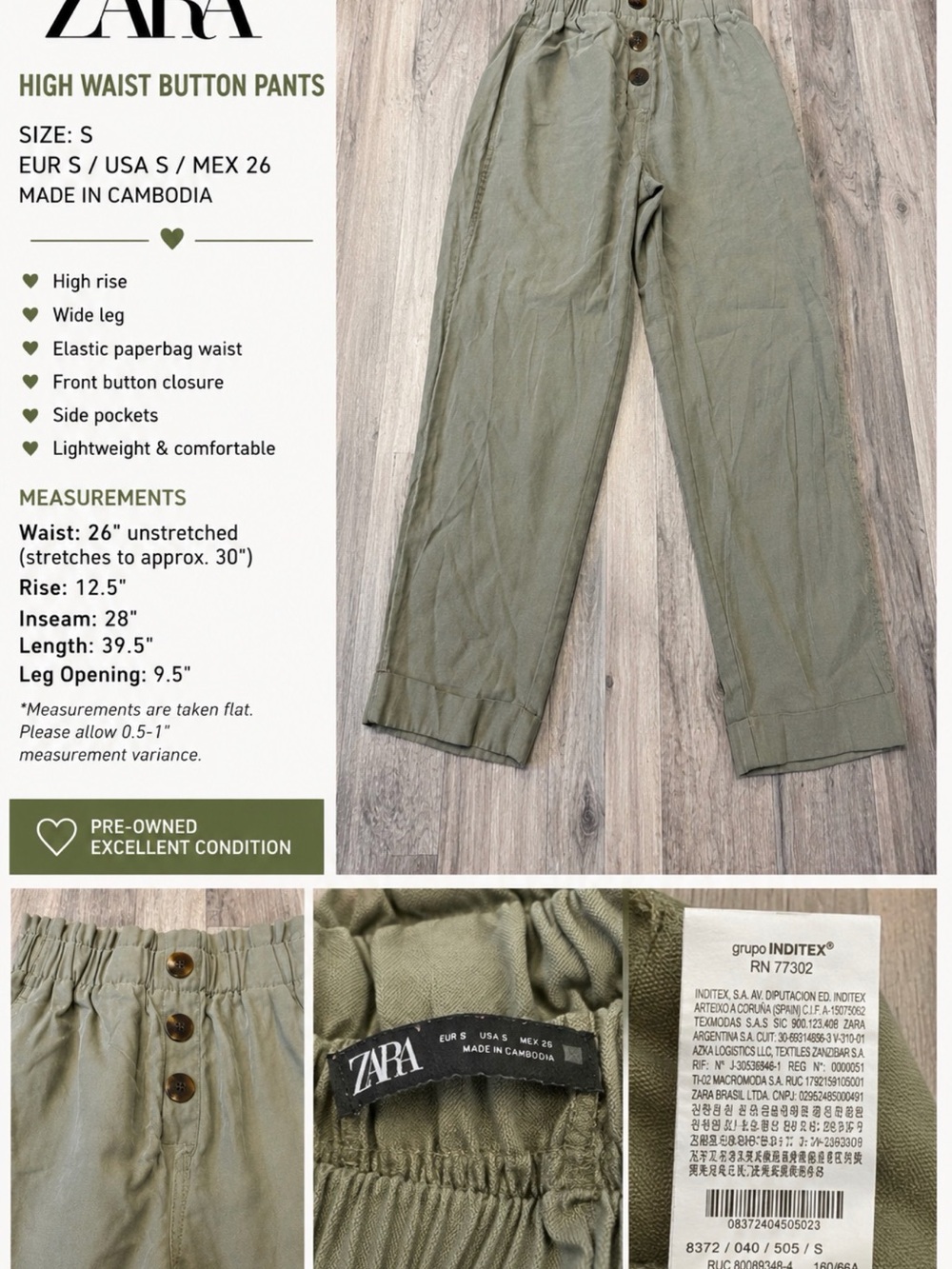 Zara Olive Green High Waist Paperbag Pants Size Small